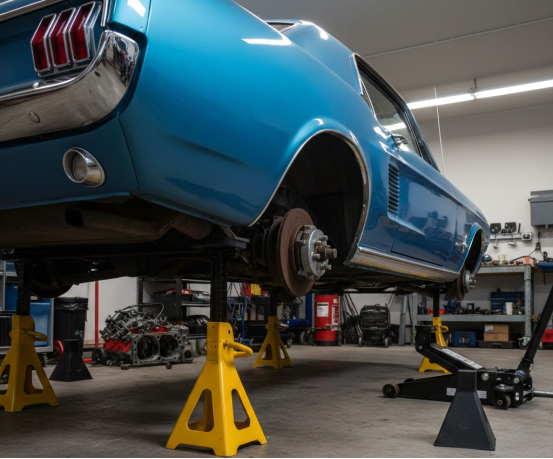 Classic blue car safely lifted on multiple yellow jack stands in a garage.