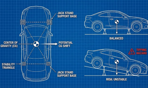 Diagram illustrating safe and unstable placement of Jack Stands for vehicle maintenance.