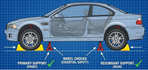 Diagram: Car safely supported by front and rear jack stands with wheel chocks.