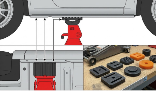 Diagram illustrating correct jack stands placement with rubber pads for vehicle maintenance.
