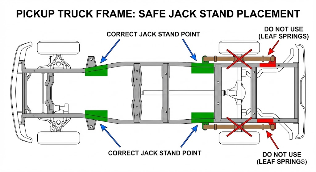 Diagram of safe Jack Stands placement points on pickup truck frame, avoiding leaf springs.