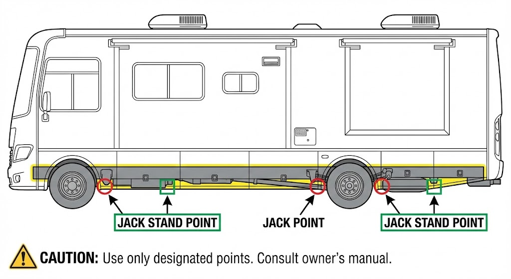 Diagram illustrating proper jack stand points and jack points for an RV.