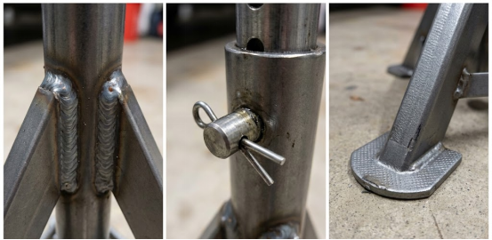 Detailed views of jack stands components: welds, locking pin, and base.