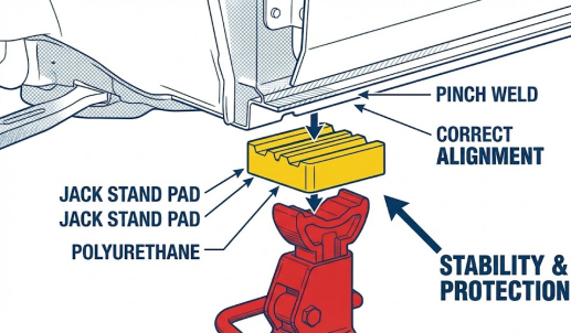 Diagram illustrating correct Jack Stands usage with a polyurethane pad for stability and protection.